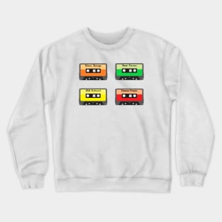 Mixtapes Pack. Set of Four Retro Cassette Mix Tapes in Vintage Colors. Slow Songs, Your Faves, Old School and Dance Tracks. (White Background) Crewneck Sweatshirt